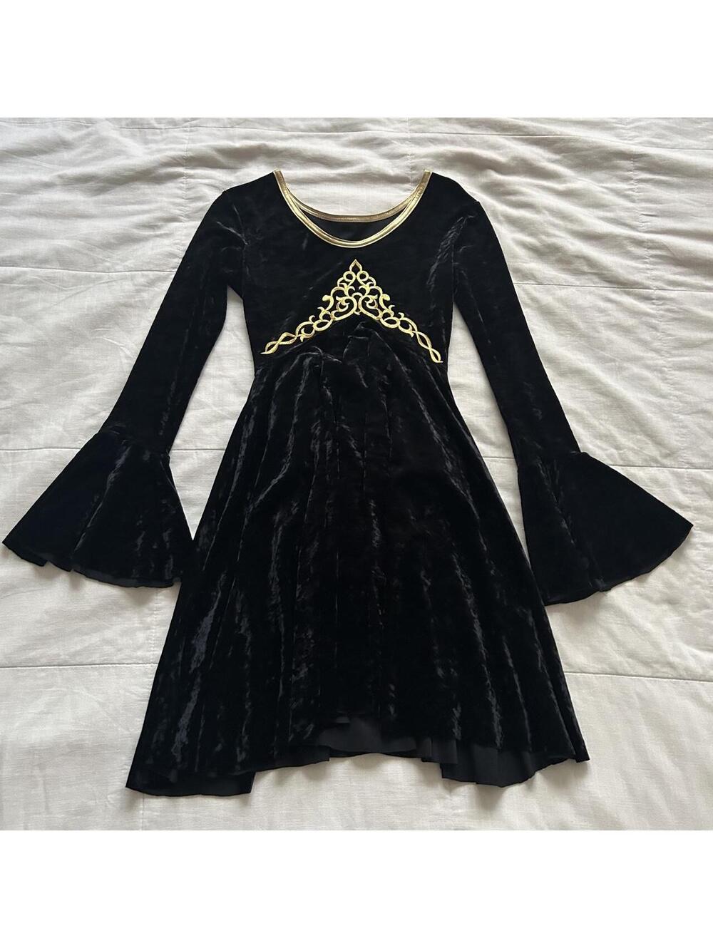 Black Velvet Medieval Renaissance Dress Gold Embroidery Bell Sleeve Costume